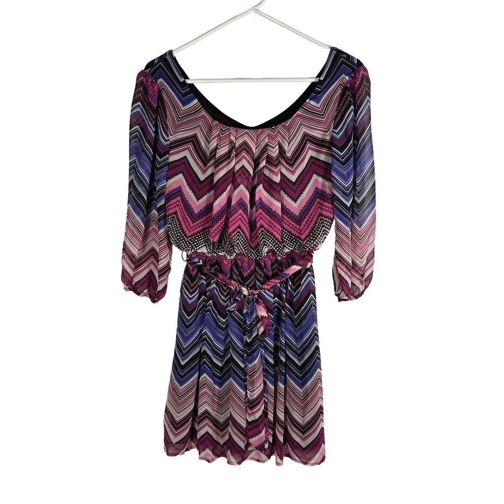 Three Pink Hearts Chevron Mini Dress Berry Pink Purple 3/4 Sleeve Small